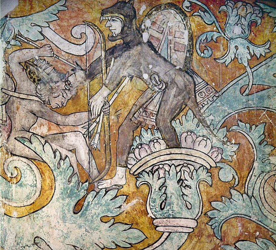 Mural painting, Black panther Otomi warrior vanquishing Chichimec foe